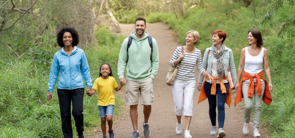 Friends walking between Cotswold villages near Stow-on-the-Wold