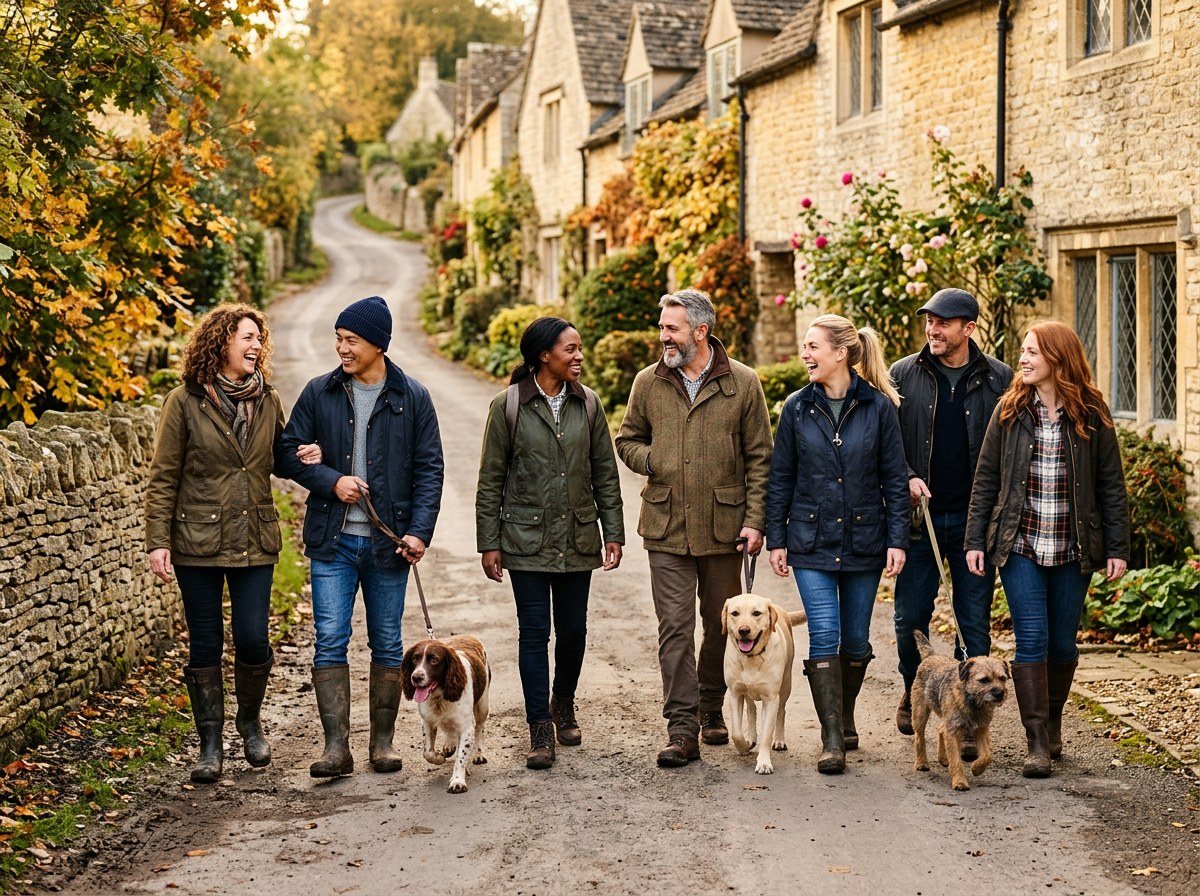 Seven friends walking a spaniel, a labrador and a terrier down a Cotswold stone village lane in autumn