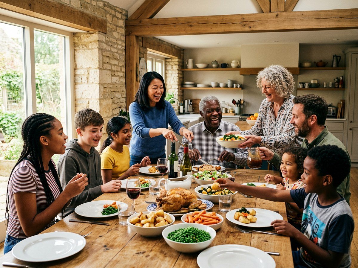 Three generations of a family sharing a roast lunch at a long oak table in a Cotswold farmhouse kitchen
