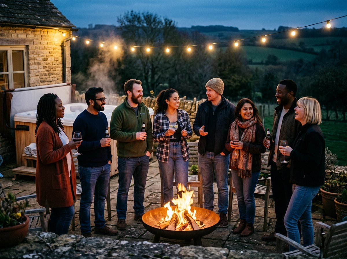 Eight friends with drinks around a fire pit beside the hot tub on a Cotswold cottage terrace at dusk