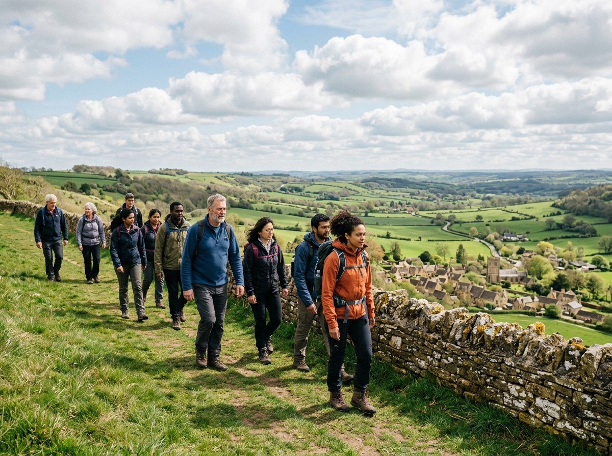 A group of walkers beside a dry stone wall on the Cotswold escarpment above a stone village