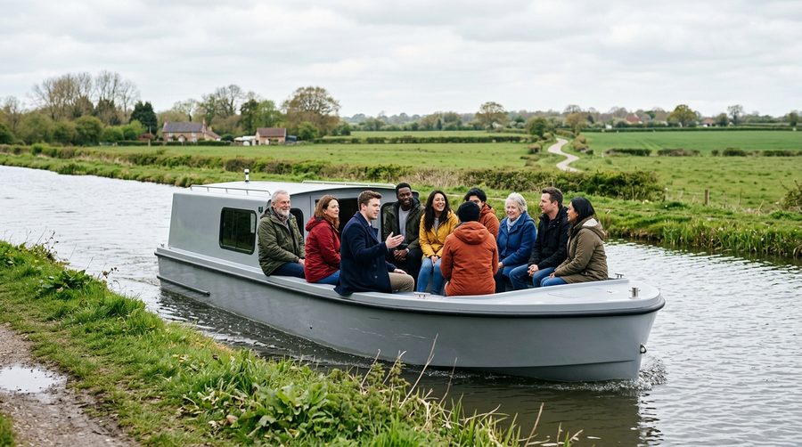 Saul Junction's electric trip boat takes up to 12 passengers along a lock free canal