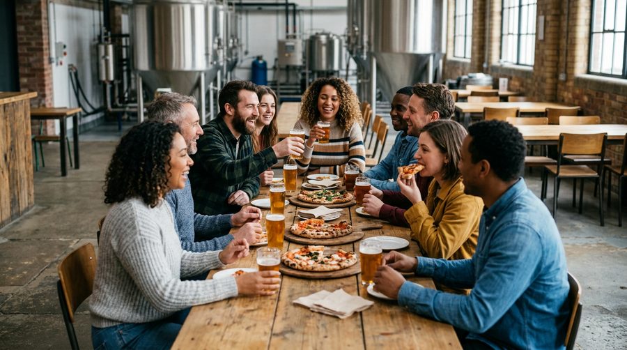 Stroud Brewery's taproom has long tables, wood fired pizza and beer brewed on site